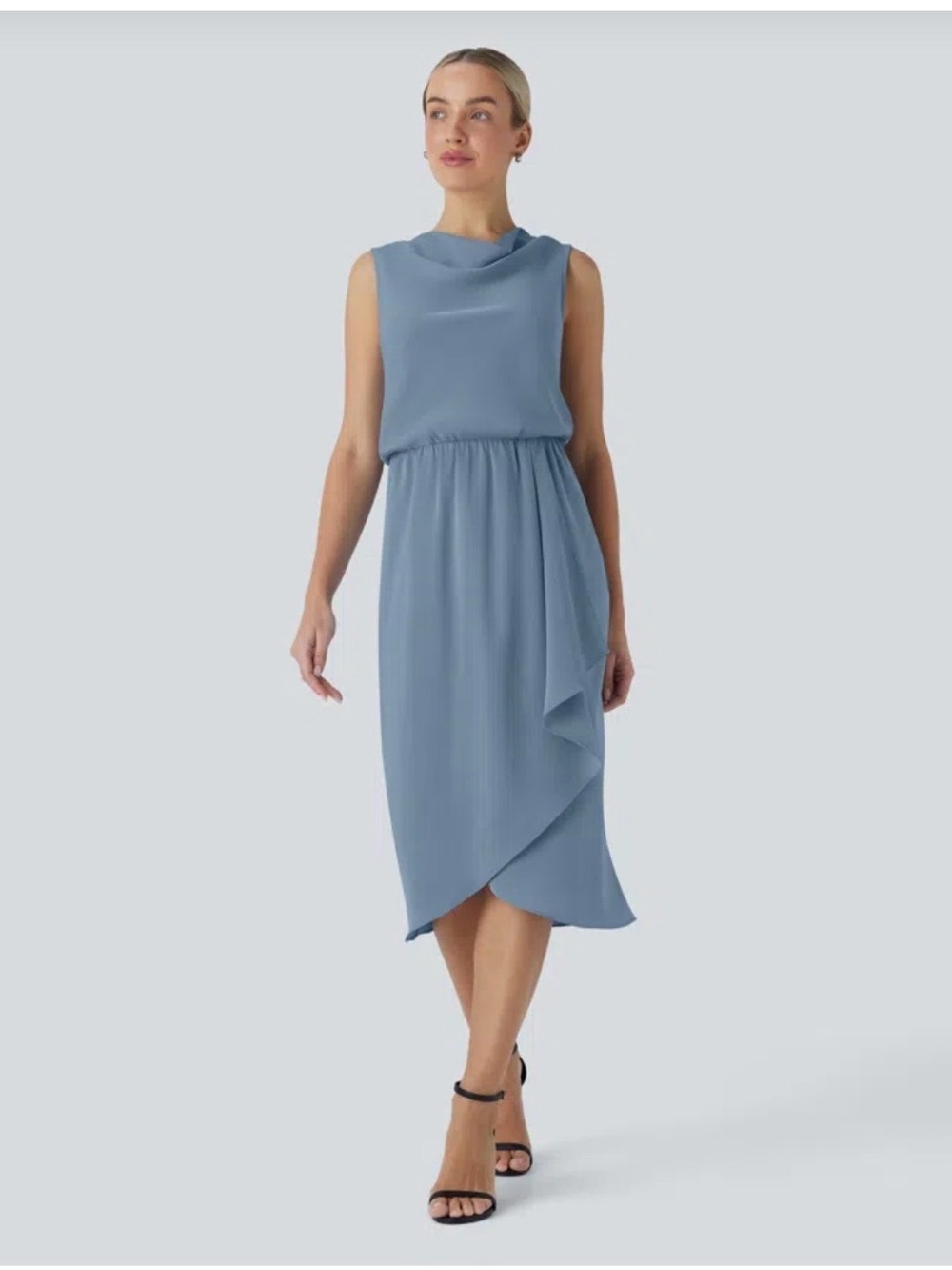 HALARA Sleeveless Draped Midi Dress in Dusty Blue